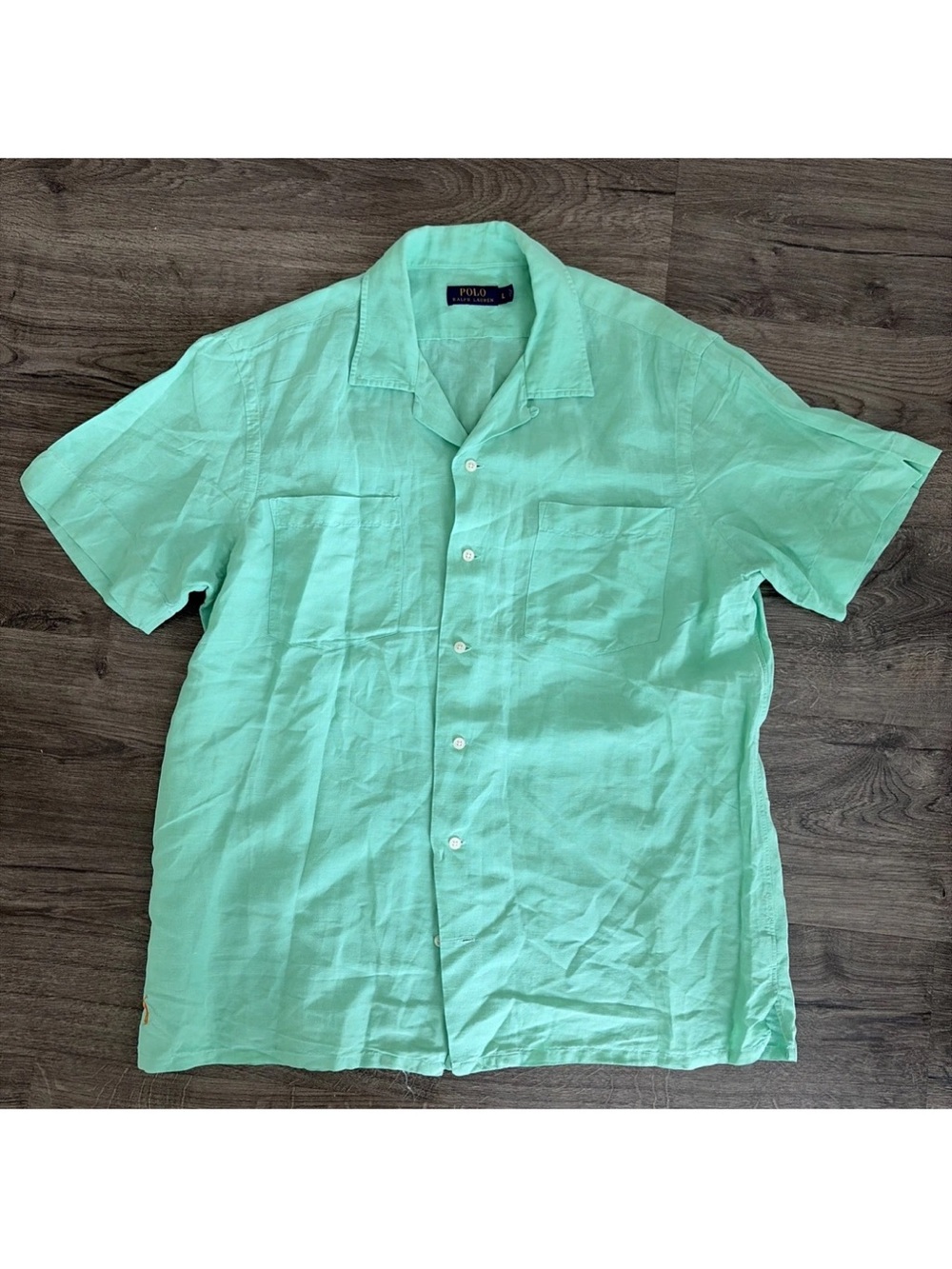 Ralph Lauren Mint Green Short-Sleeve Linen Button-Down Shirt